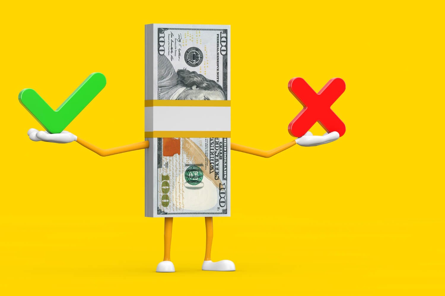 stack one hundred dollar bills person character mascot with red cross green check mark confirm deny yes no icon sign yellow background 3d rendering (1)