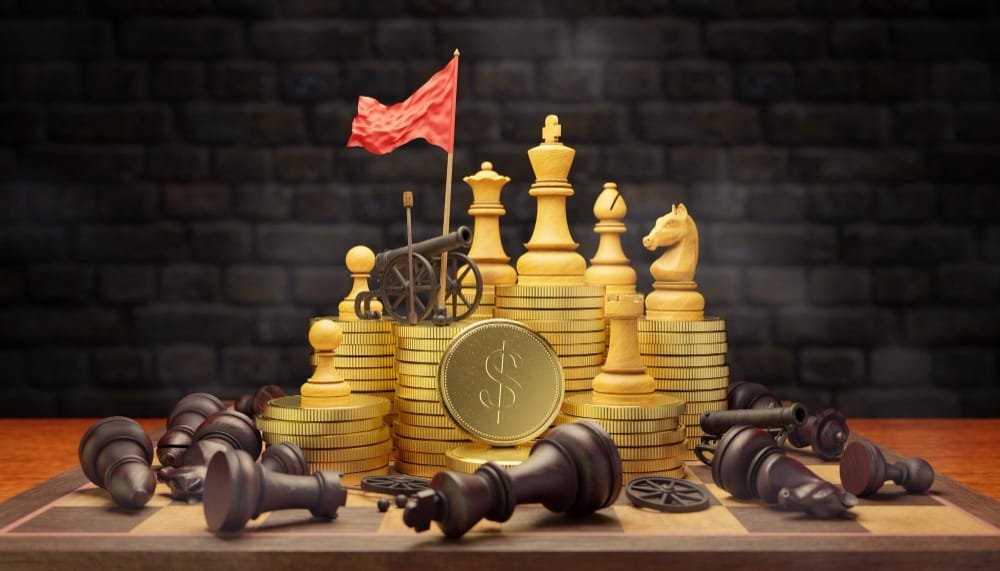 Bright chess with cannon and red victory flags on gold coins