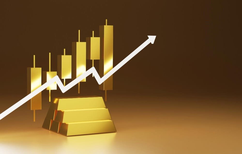 Candlestick chart graphs and gold bars buying and selling gold bullion upward arrow graphs