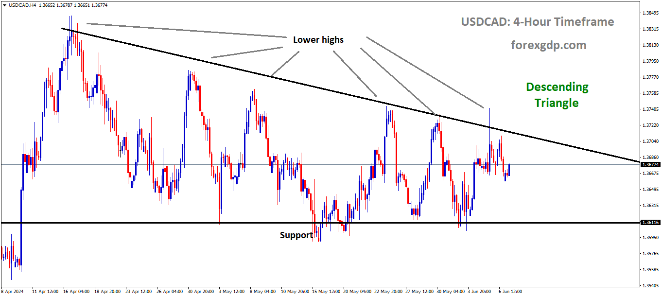 USDCAD is moving in the Descending triangle pattern and the market has fallen from the lower high area of the pattern