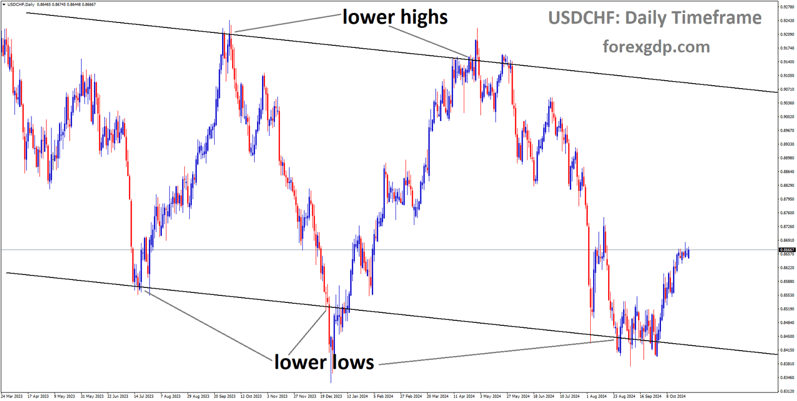 USDCHF is moving in a descending channel, and the market has rebounded from the lower low area of the channel