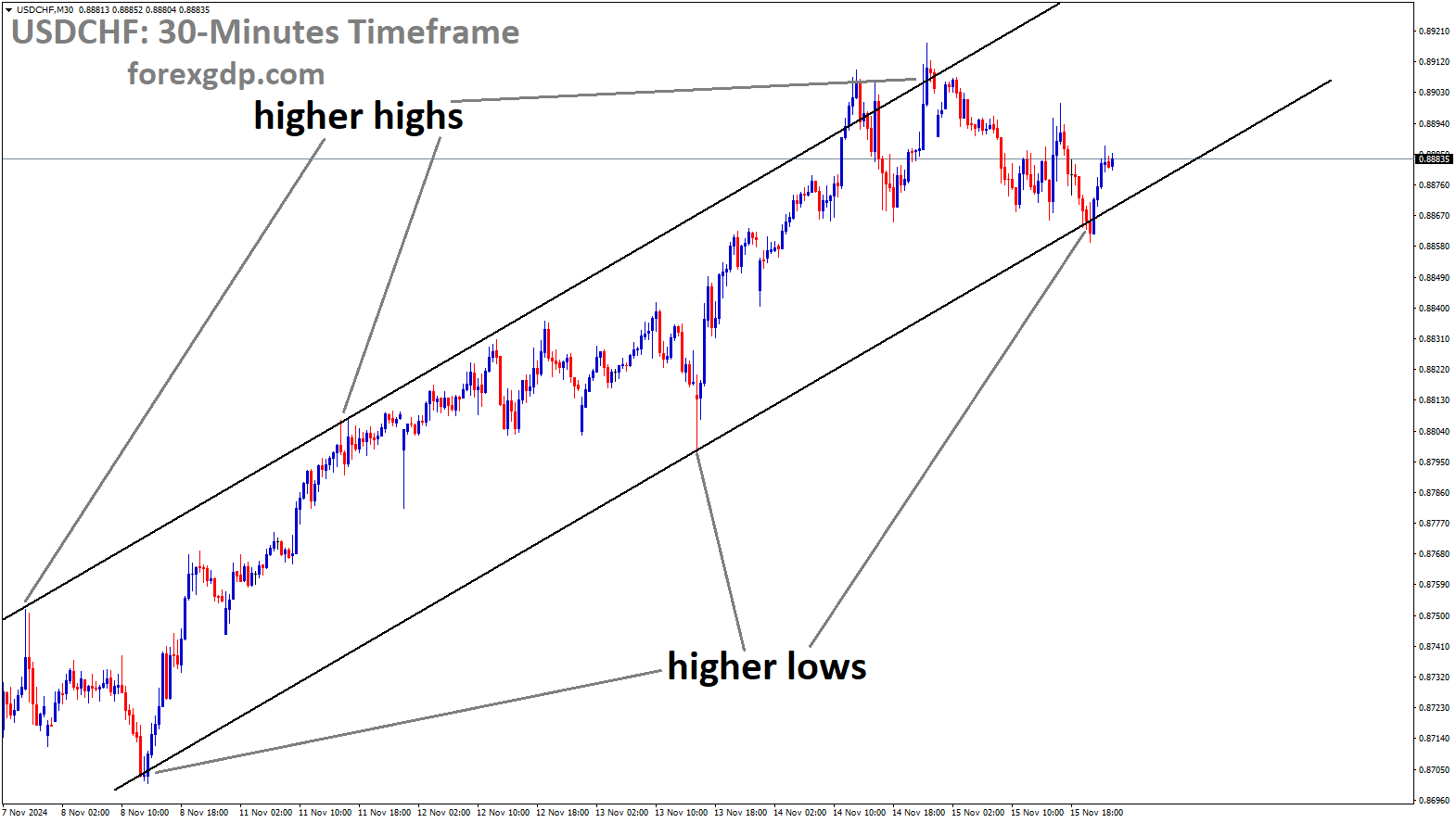 USDCHF is moving in an uptrend channel, and the market has rebounded from the higher low area of the channel