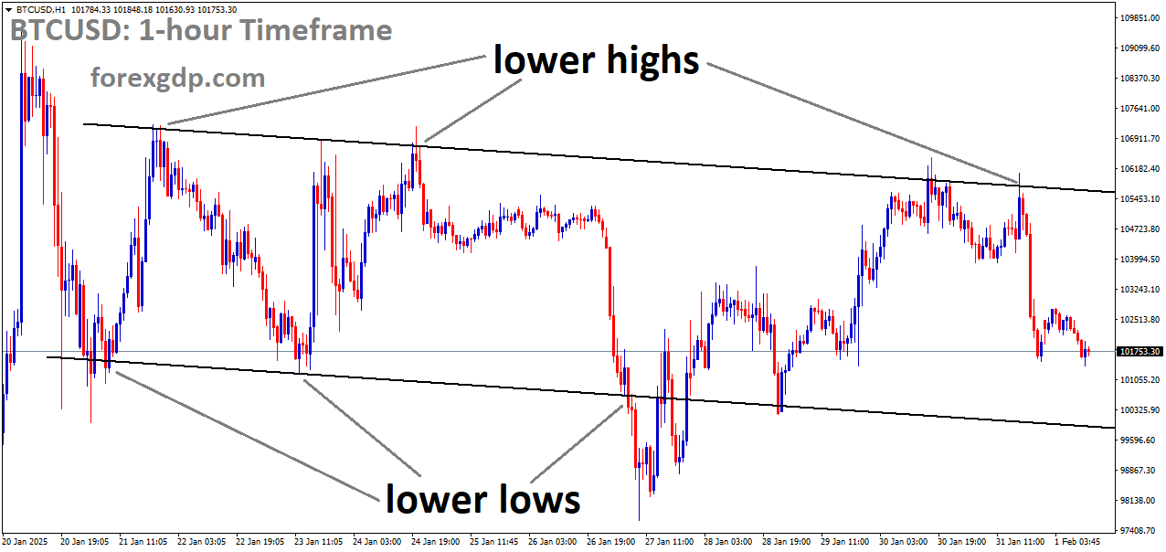 BTCUSD is moving in a descending channel and the market has fallen from the lower high area of the channel