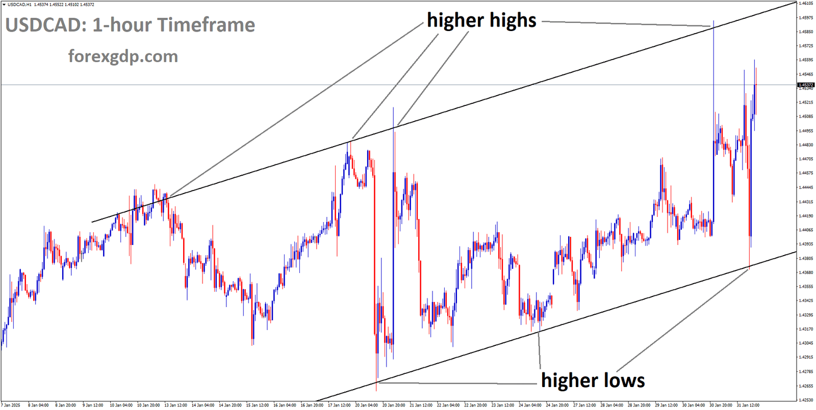 USDCAD is moving in an uptrend channel and the market has rebounded from the higher low area of the channel