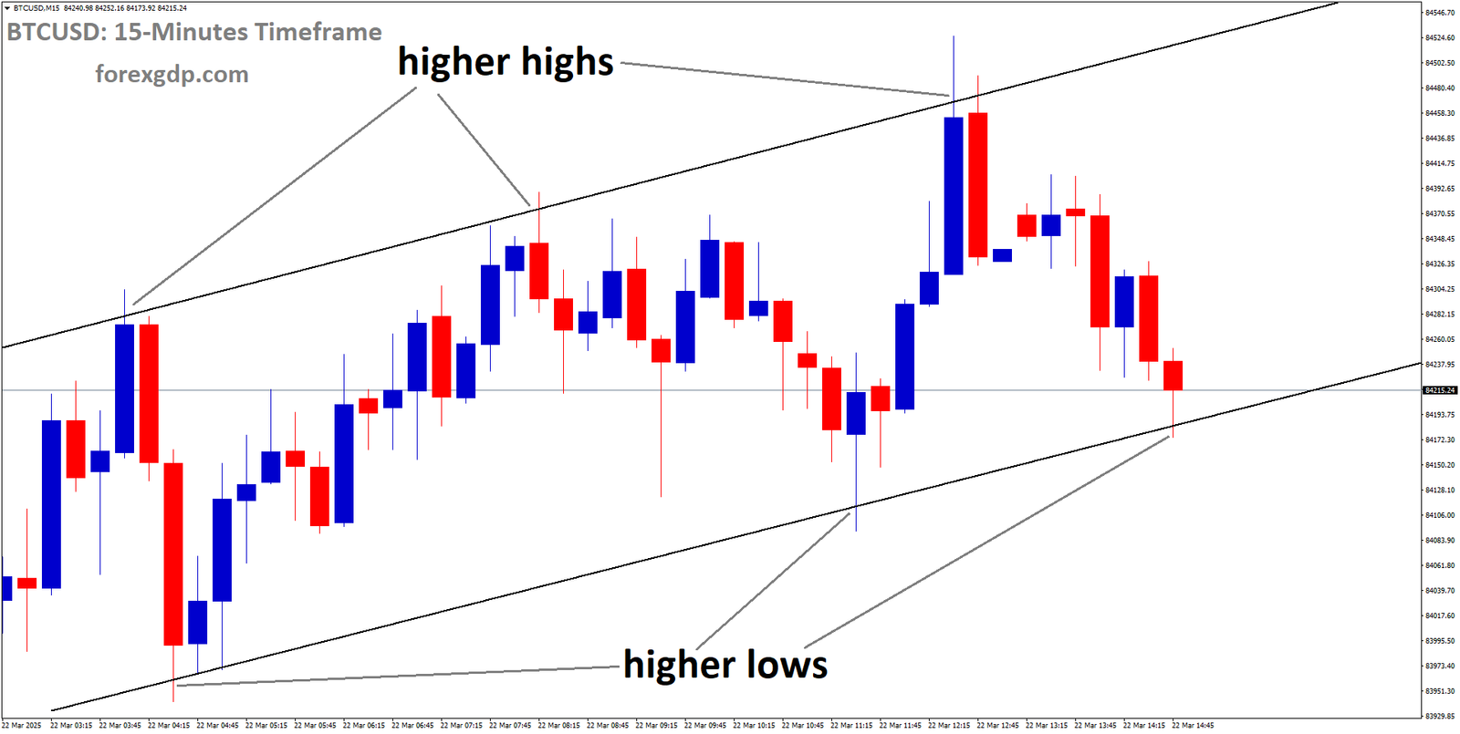 BTCUSD is moving in an Ascending channel and the market has reached the higher low area of the channel