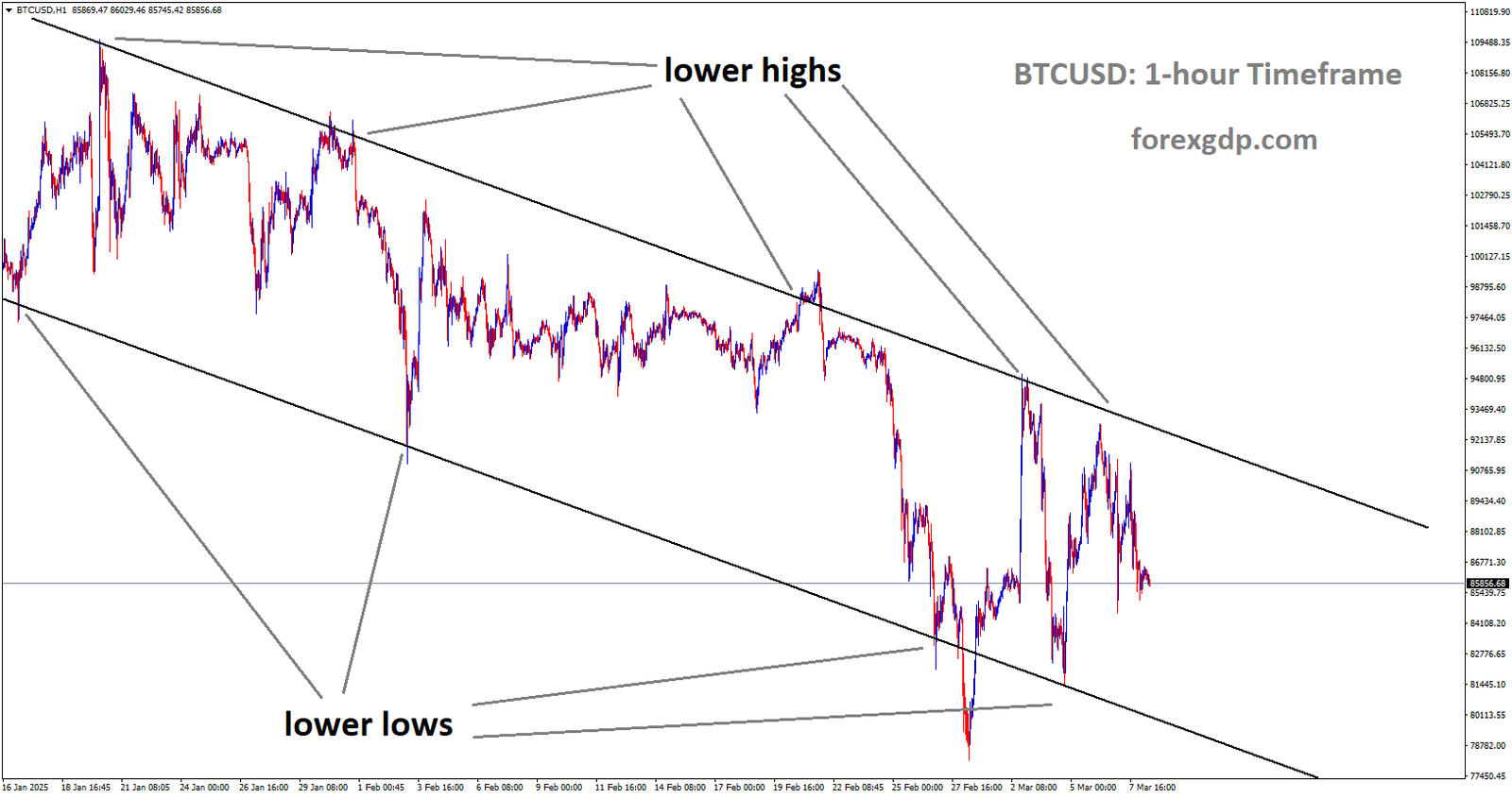 BTCUSD is moving in descending channel and the market has fallen from the lower high area of the channel