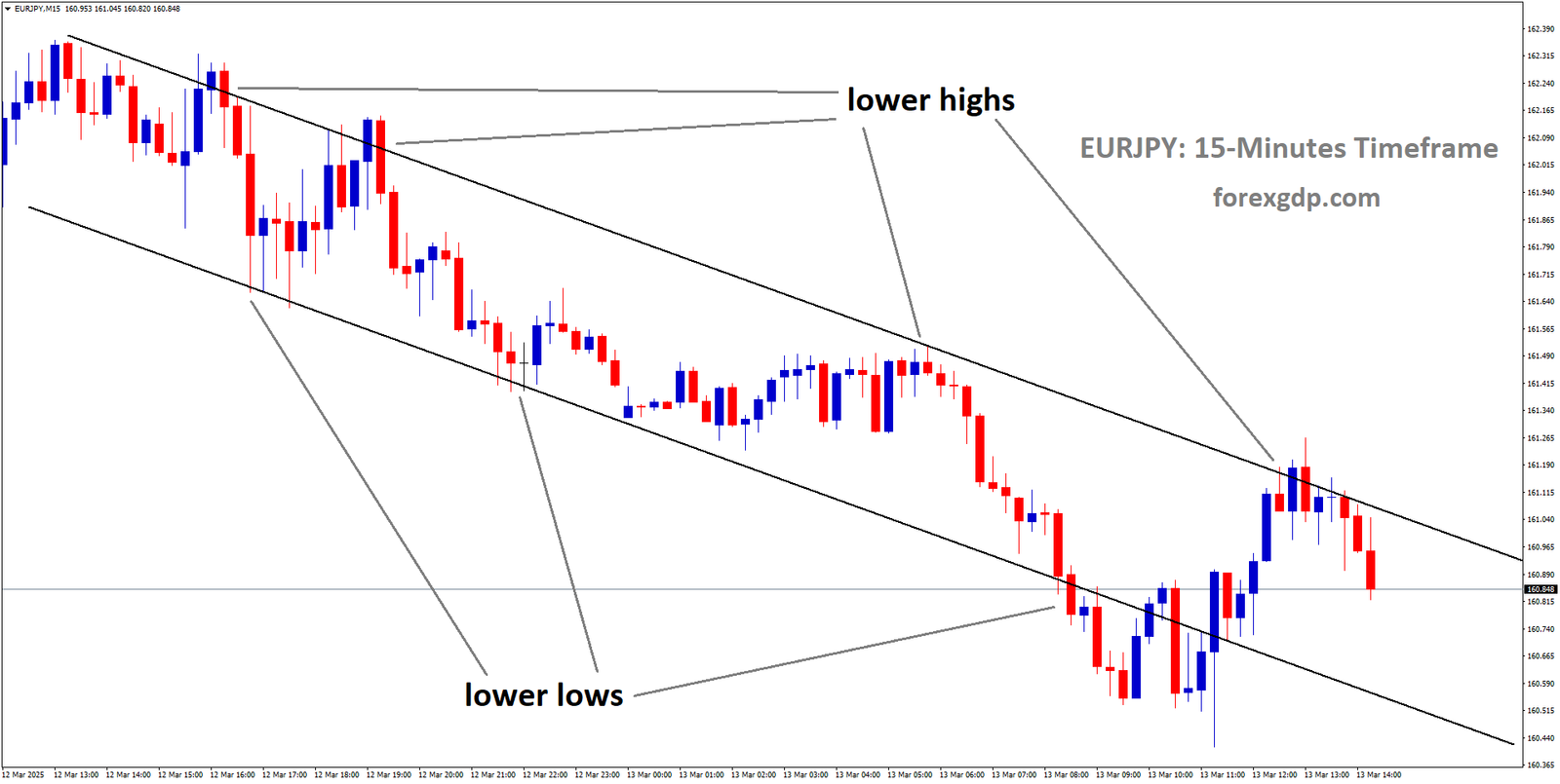 EURJPY is moving in descending channel and the market has fallen from the lower high area of the channel